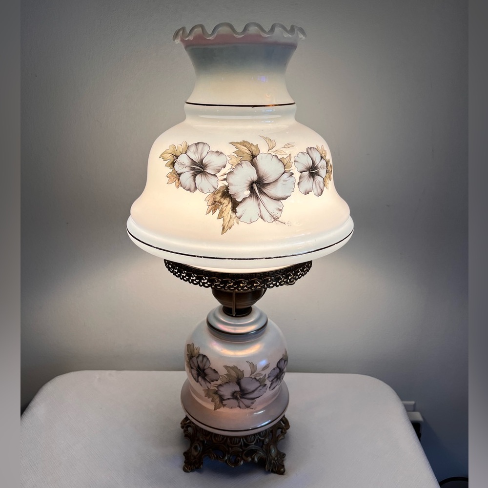 Vintage Gone with the Wind Floral Hurricane Table Lamp with Bronze Accents